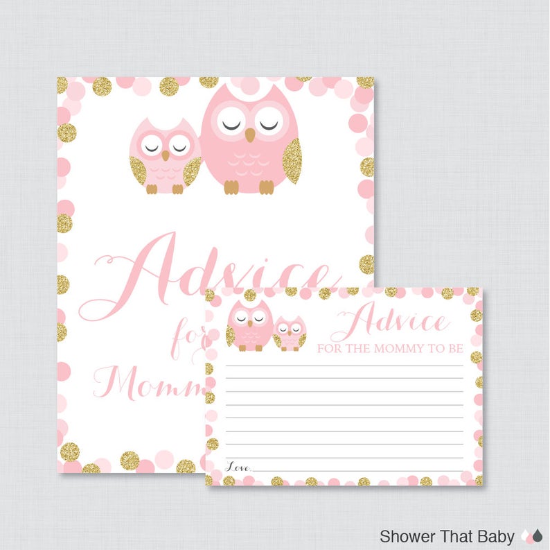Pink Woodland Owl Printable Baby Shower Mommy Advice Cards