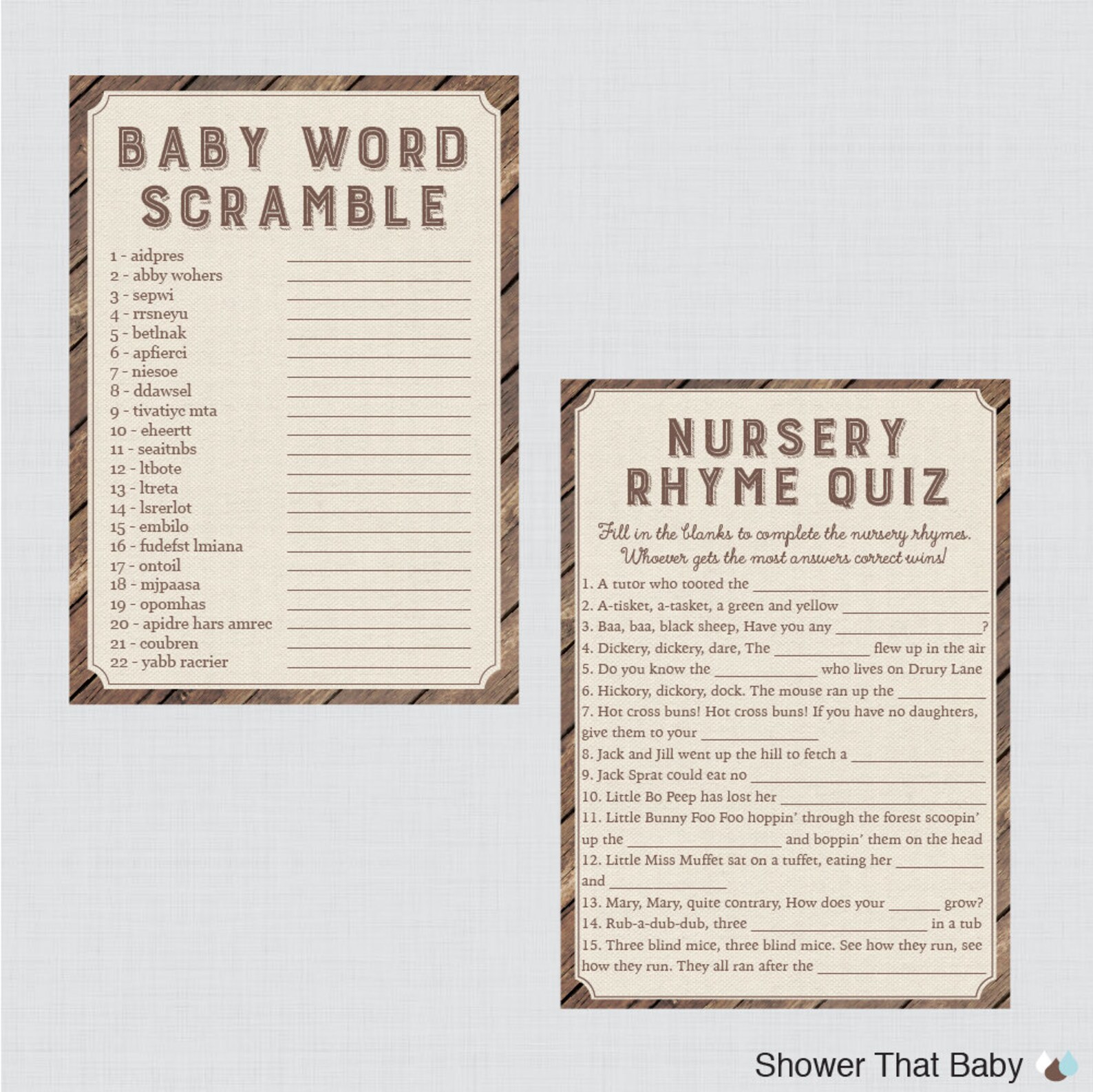 Rustic Baby Shower Games Package Seven Printable Games: - Etsy