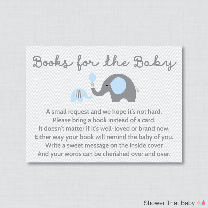 Elephant Baby Shower Bring A Book Instead Of Card Invitation Inserts Instant Blue And Gray Boy 0024 B