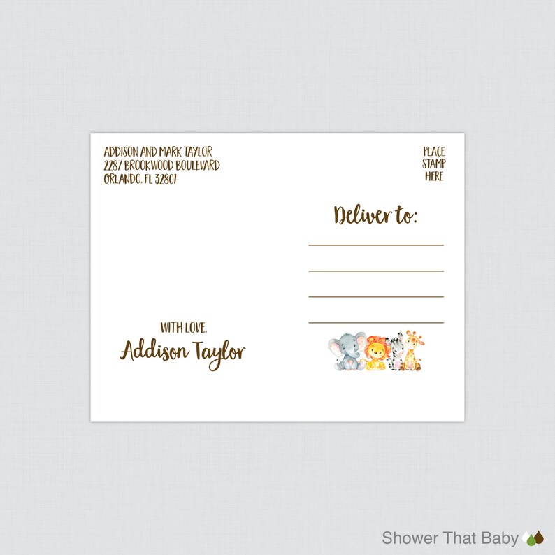 Safari Animal Themed Thank You Postcards Elephant Giraffe Lion Zebra 0060 Printable or Printed Safari Baby Shower Thank You Postcards