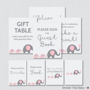 Printable Elephant Twins Baby Shower Table Signs EIGHT Signs Welcome Sign, Favors Sign, etc Pink and Gray Twins Decor 0016-TP image 1