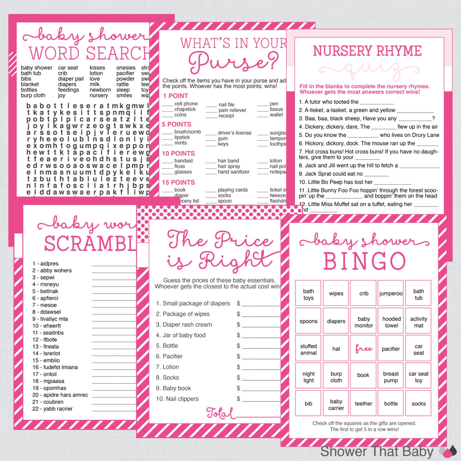 Baby Shower Games Package in Pink Six Printable Games Etsy