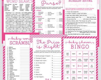 Baby Shower Games Package in Pink - Six Printable Games - Instant Download