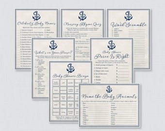 Nautical Baby Shower Games Package - Seven Printable Games: Bingo, Price is Right, Purse Game, etc - Navy Anchor Nautical Baby Shower 0046-N