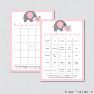 Elephant Baby Shower Bingo Cards - Prefilled Bingo Cards AND Blank Cards - Digital Instant Download - Pink Elephant Baby Shower - 0024-P