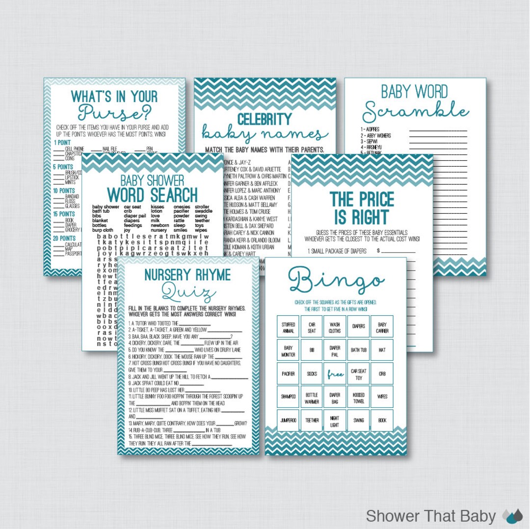 Chevron Baby Shower Games Package in Teal Seven Printable - Etsy