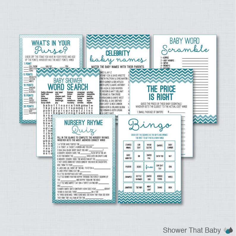 Chevron Baby Shower Games Package in Teal Seven Printable - Etsy