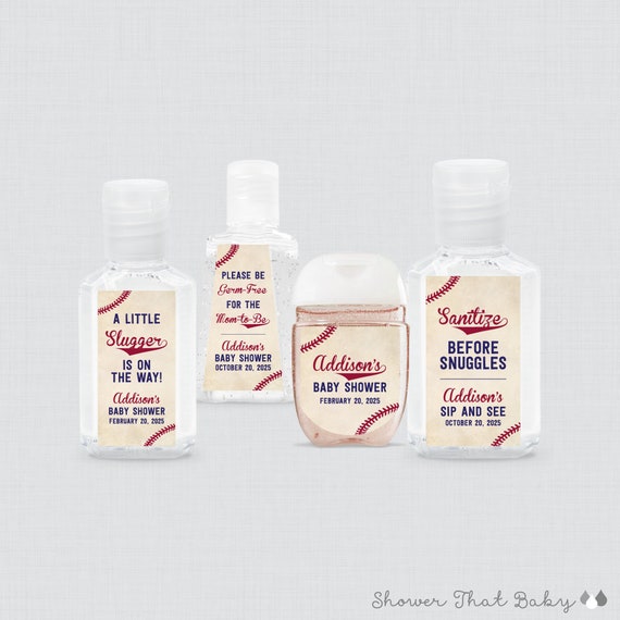 Baseball Baby Shower Hand Sanitizer Labels - Printed Vintage Baseball Themed Hand Sanitizer Favor Stickers with Five Size Options, 0027