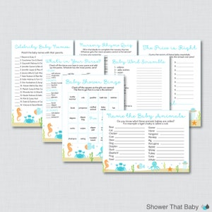 Under the Sea Baby Shower Games Package in Blue - Seven Printable Games: Bingo, Price is Right, Purse Game, Nursery Rhyme + More - 0020-B