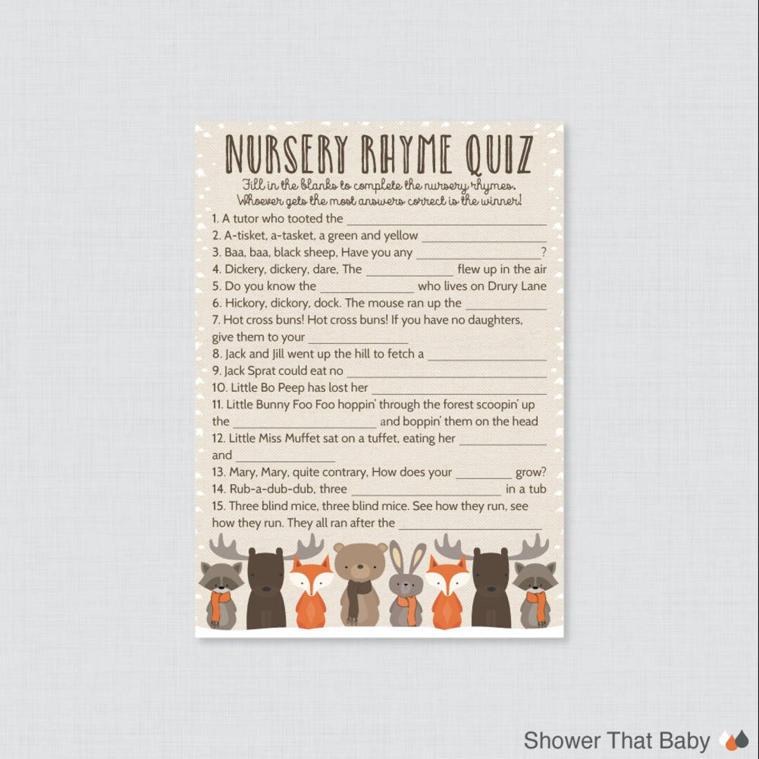 Winter Woodland Animal Nursery Rhyme Quiz Baby Shower Game Etsy