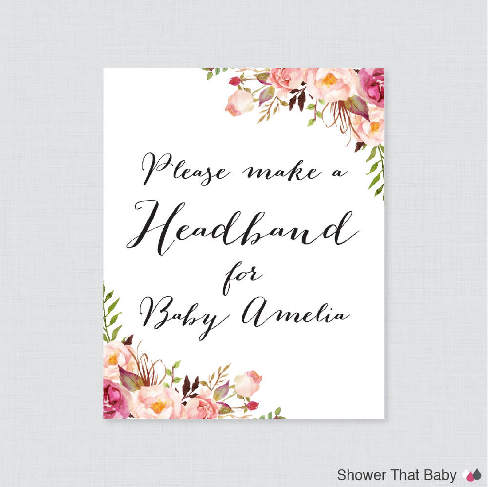 Pink Baby Shower Headband Station Sign Printable Etsy