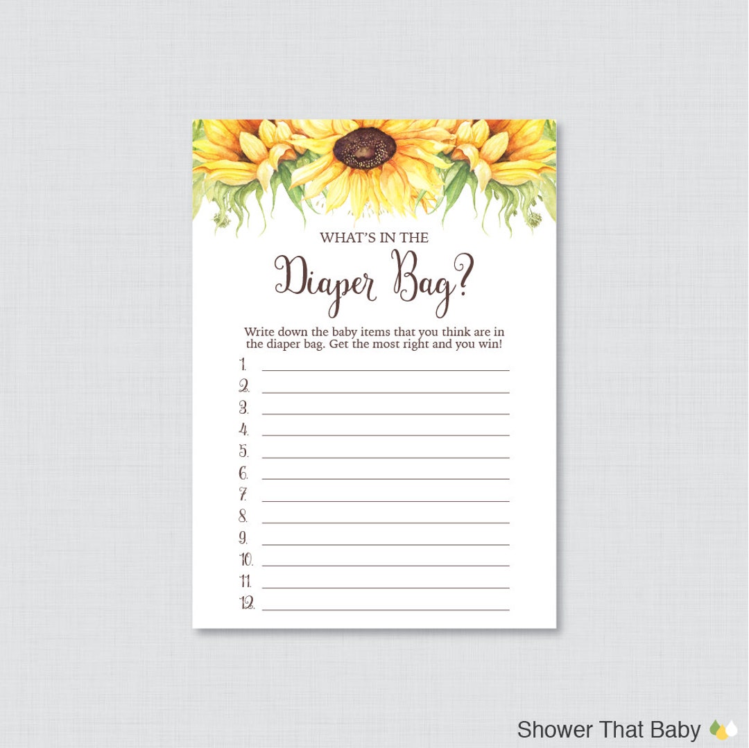 Sunflower Baby Shower Diaper Bag Game Guess What's in the Diaper Bag