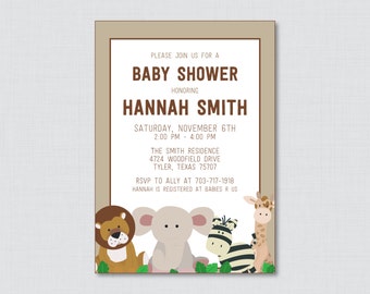 Safari Baby Shower Invitation Printable or Printed Invite - Safari Baby Shower Invites with Elephant, Giraffe, Lion, Zebra - Safari 0030