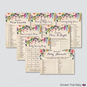 Floral Baby Shower Games Package Seven Printable Games: Bingo, Price is Right, Purse Game, Nursery Rhyme Shabby Chic Flower Baby 0025-A image 1