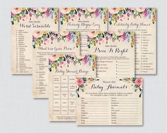 Floral Baby Shower Games Package - Seven Printable Games: Bingo, Price is Right, Purse Game, Nursery Rhyme - Shabby Chic Flower Baby 0025-A