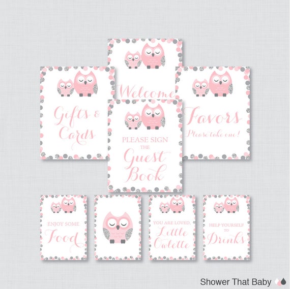 Printable Pink And Gray Owl Baby Shower Table Signs Eight Etsy