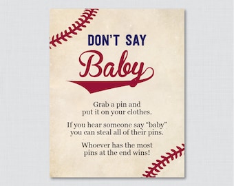Baseball Don't Say Baby Baby Shower Game- Printable Diaper Pin Clothes Pin Game, Vintage Baseball Baby Shower Activity Sign - 0027