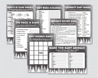 Winter Wonderland Baby Shower Games Package with Seven Printable Games - Rustic Winter Baby Shower, Black Winter Snow Games - 0039-K