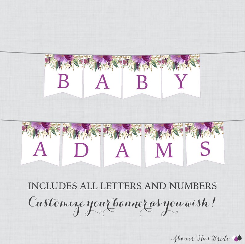 Printable Purple Baby Shower Banner Purple And Gold Flower Etsy