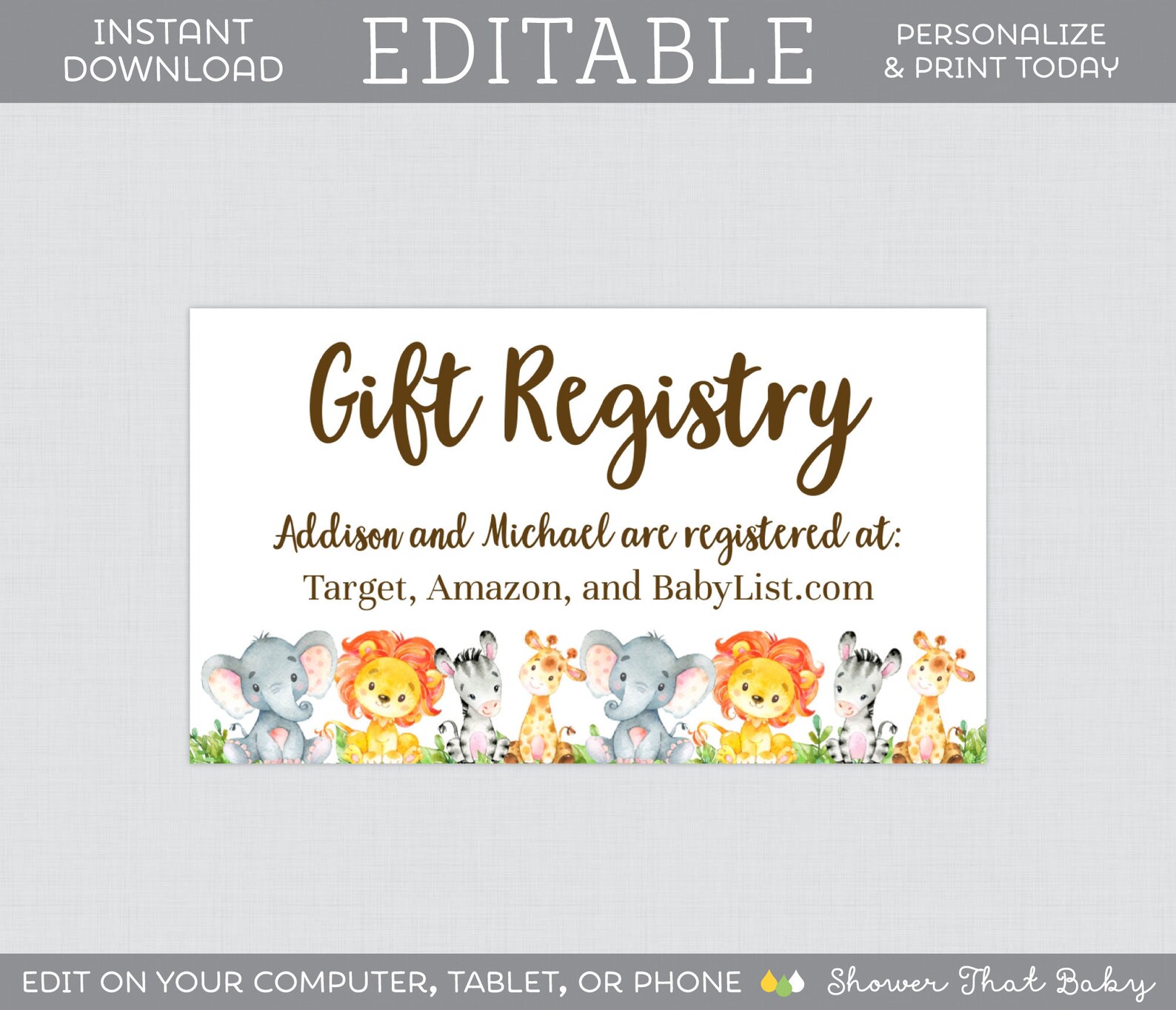 EDITABLE Safari Baby Shower Gift Registry Inserts Safari - Etsy