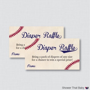 May include: Two beige baby shower raffle cards with baseball stitching and the words "Diaper Raffle" in navy blue script. The cards include text inviting guests to bring nappies for a chance to win a prize.