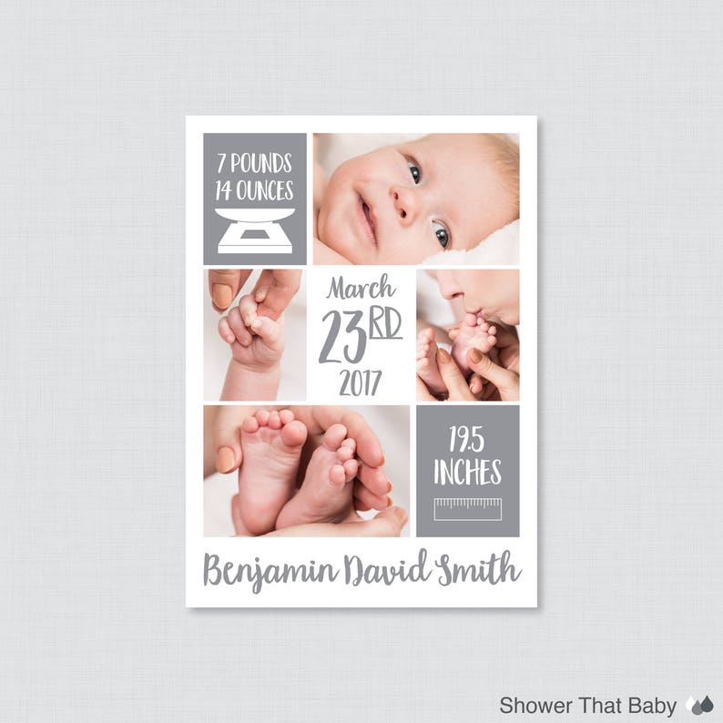 Photo Collage Birth Announcements Neutral Birth Announcement Cards BA11 Printable or Printed Gray Photo Birth Announcement Cards