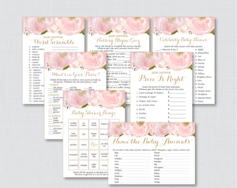 Floral Baby Shower Games Package - Seven Printable Games: Bingo, Price is Right, Purse Game, Nursery Rhyme - Pink and Gold Flower Baby 0044