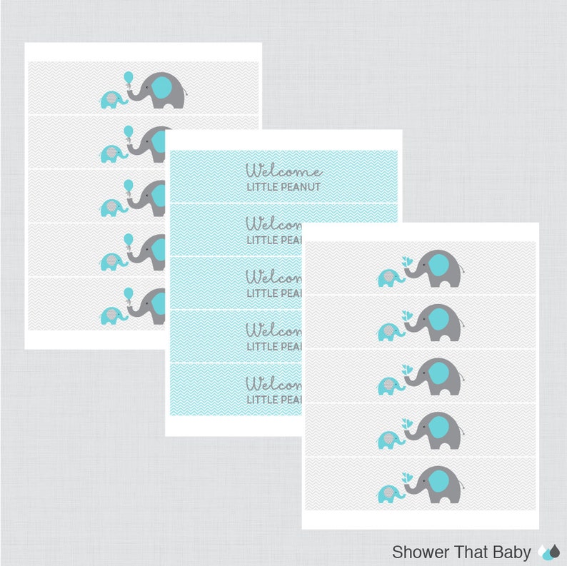 Elephant Water Bottle Labels Baby Shower Printable Aqua and - Etsy