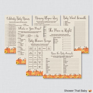 Pumpkin Baby Shower Games Package Seven Printable Games: Bingo, Price is Right, Purse Game, Nursery Rhyme Little Pumpkin Fall Baby 0032 image 1