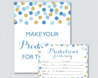 Blue and Gold Baby Shower Prediction Cards - Instant Download - Blue Glitter Baby Statistics Game Guess Baby's Birthday, Weight - 0008-B