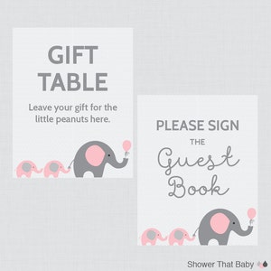 Printable Elephant Twins Baby Shower Table Signs EIGHT Signs Welcome Sign, Favors Sign, etc Pink and Gray Twins Decor 0016-TP image 2