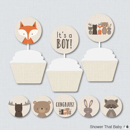 Woodland Baby Shower Cupcake Toppers and Cupcake Wrappers Etsy