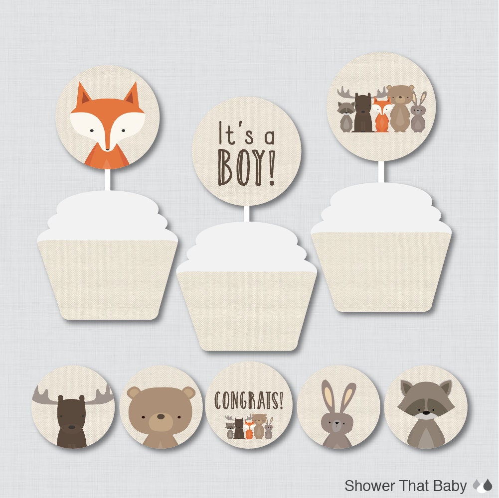 Woodland Baby Shower Cupcake Toppers and Cupcake Wrappers Its a Boy Its a Girl Instant Download Woodland Decorations 0010