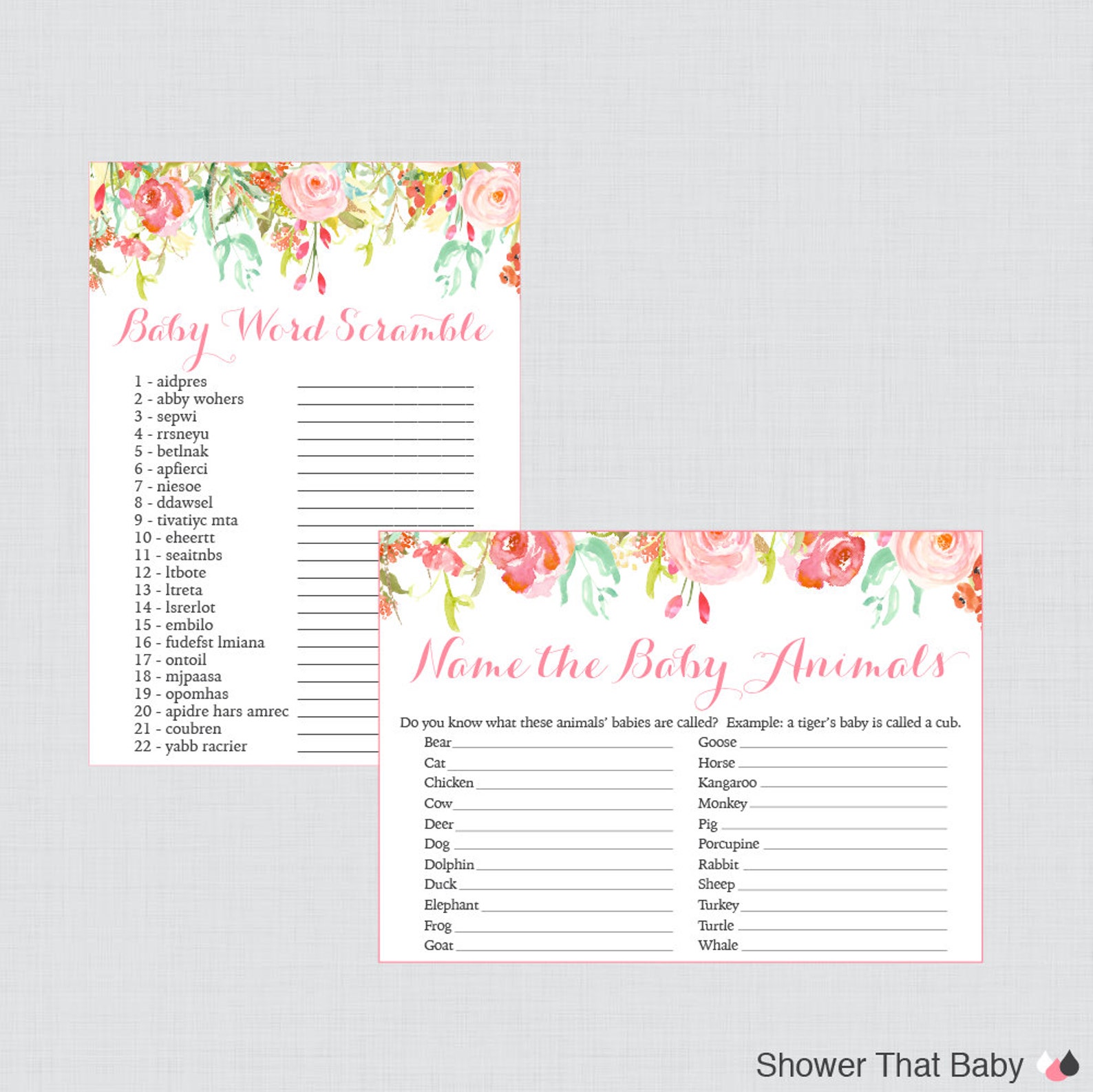 Floral Baby Shower Games Package Seven Printable Games Etsy