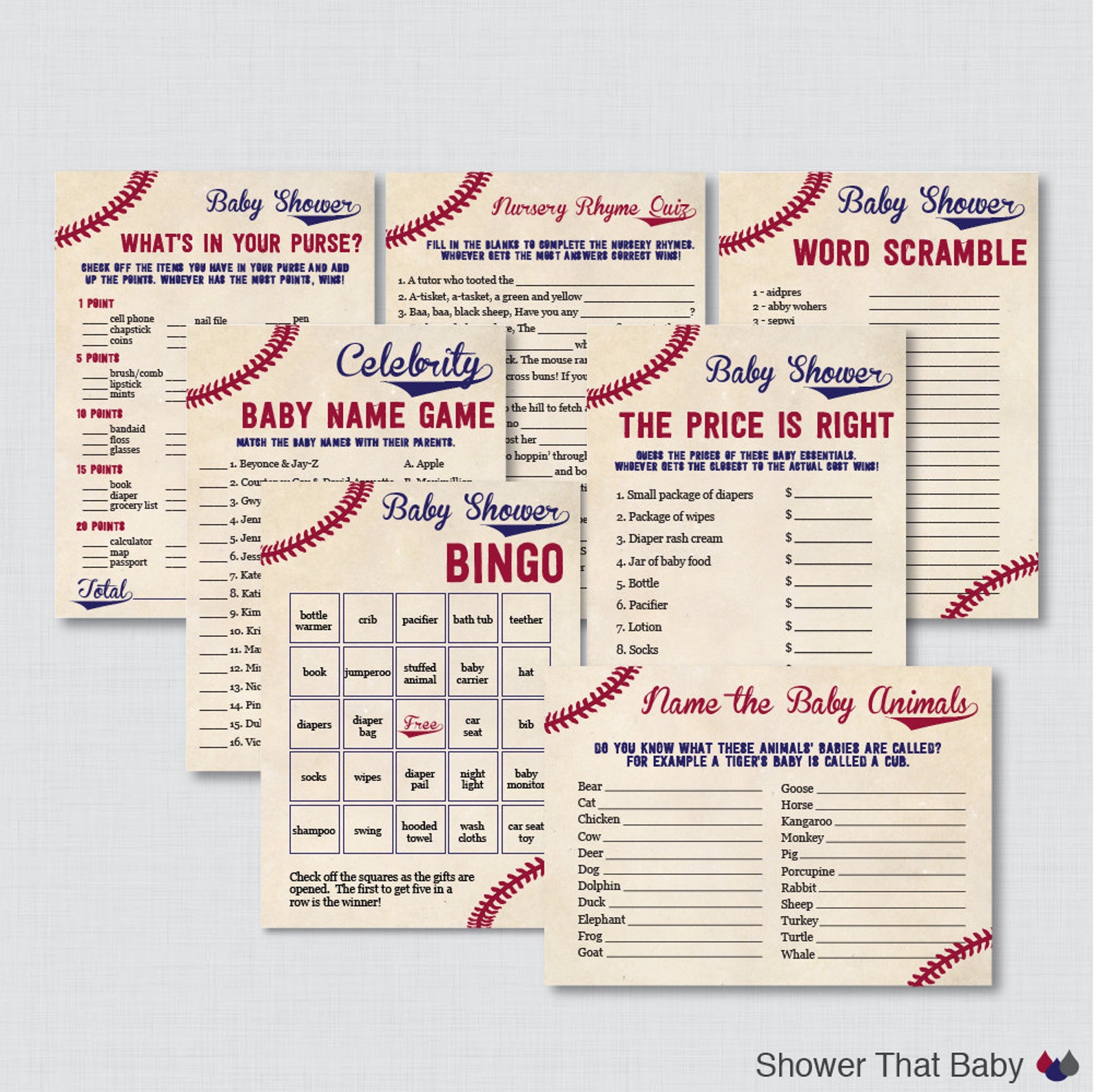 Baseball Baby Shower Games Package Seven Printable Games: - Etsy