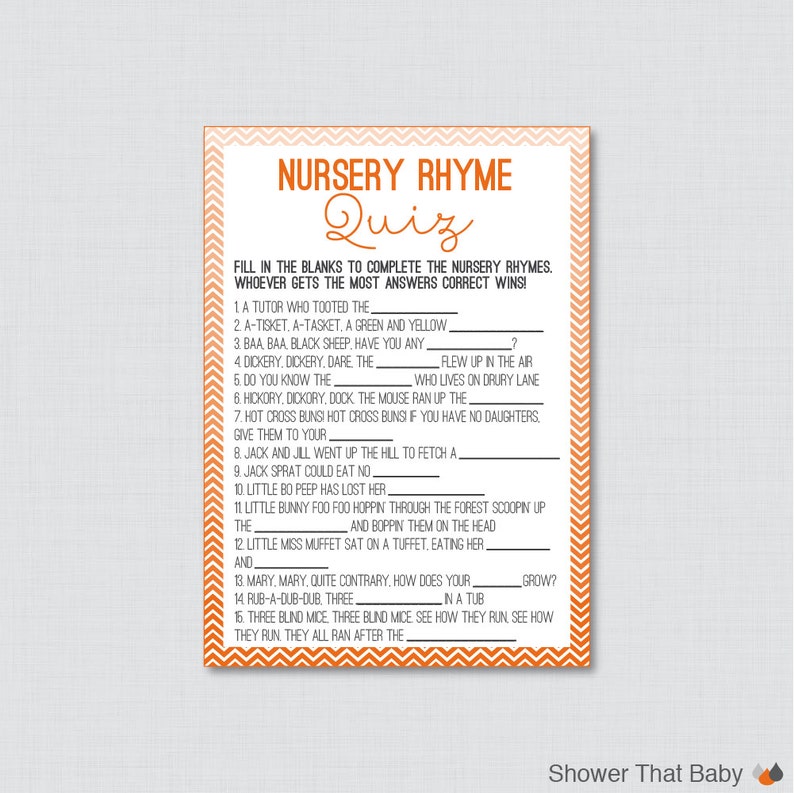 Chevron Nursery Rhyme Quiz Baby Shower Game In Orange Printable Instant Download Nursery Rhyme Game Orange Baby Shower Game 0017 O