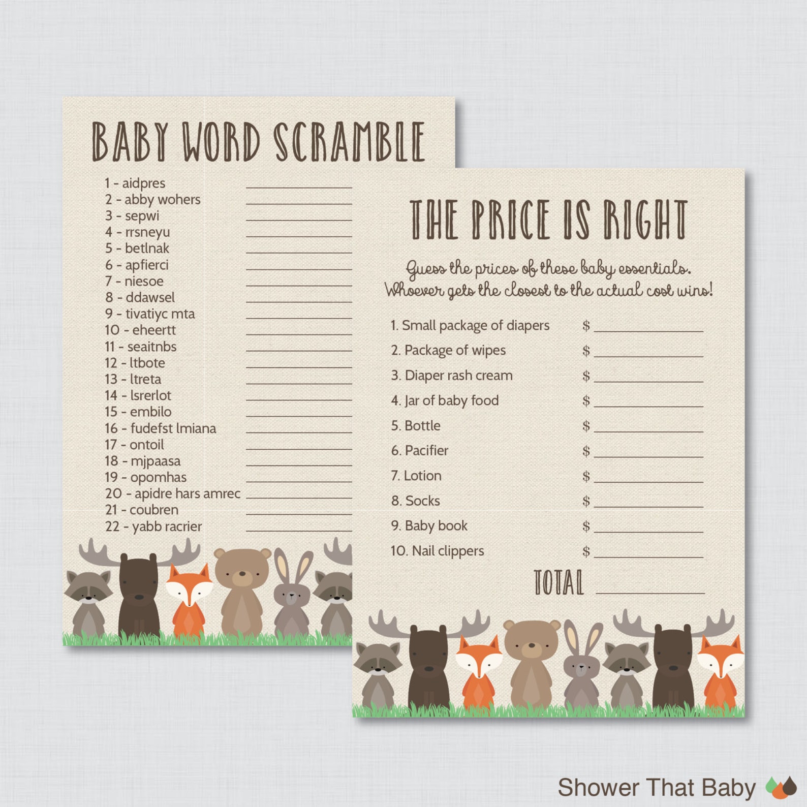 Woodland Baby Shower Games Package Seven Printable Games Etsy