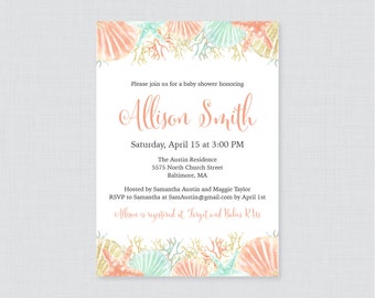Nautical Baby Shower Invitation Printable or Printed - Beach Themed Baby Shower Invites - Coral and Aqua Under the Sea Baby Shower - 0047-C
