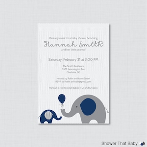 Elephant Baby Shower Invitation Printable or Printed Invite - Elephant Baby Shower Invites in Navy Blue and Gray Chevron, Baby Boy - 0024-N