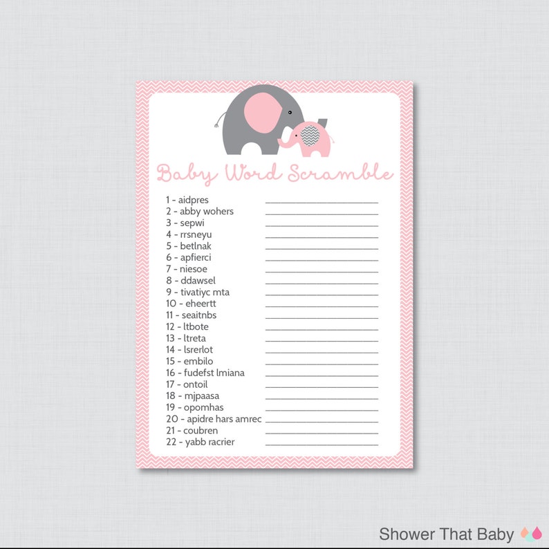 Elephant Baby Shower Word Scramble Game Printable Instant Girl Pink And Gray 0024 P
