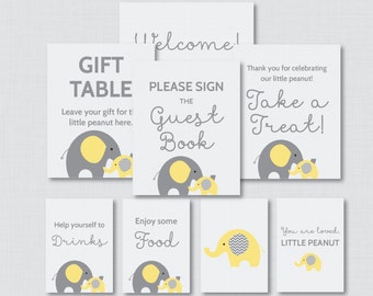Printable Elephant Baby Shower Table Signs - EIGHT Signs! Welcome Sign, etc - Instant Download - Yellow and Gray Elephant Signs - 0024-Y