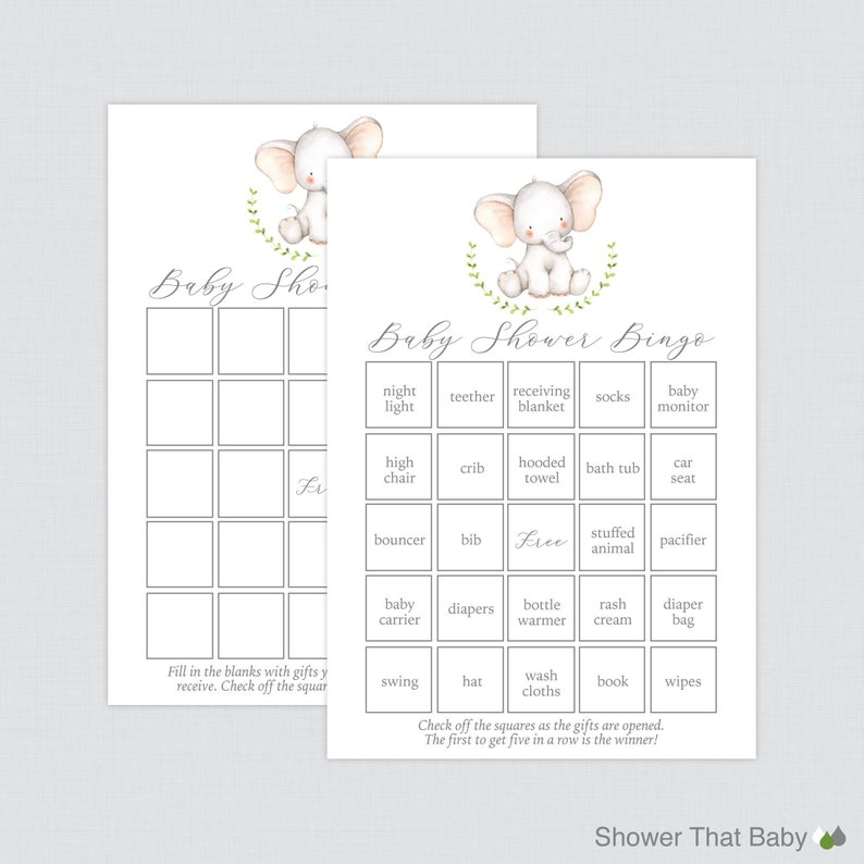 Watercolor Elephant Baby Shower Bingo Cards Printable Blank Etsy