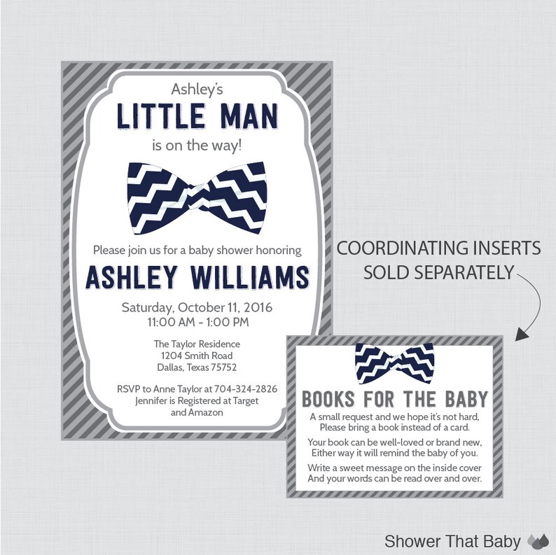 Bow Tie Baby Shower Invitation Printable or Printed Navy and | Etsy