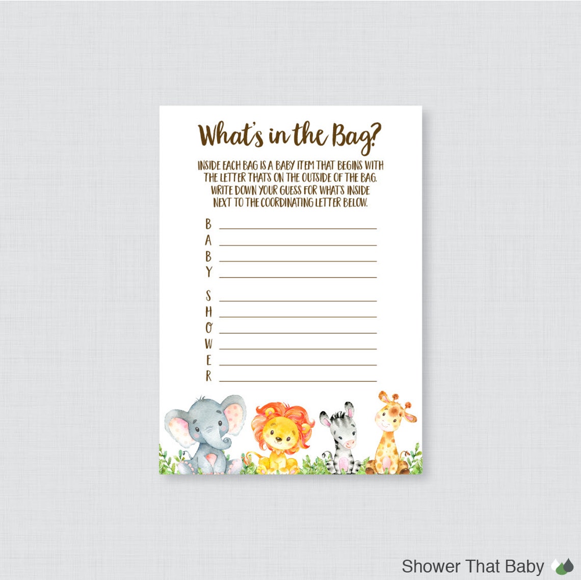 Safari Baby Shower Bags Game Printable Guess What's in Etsy