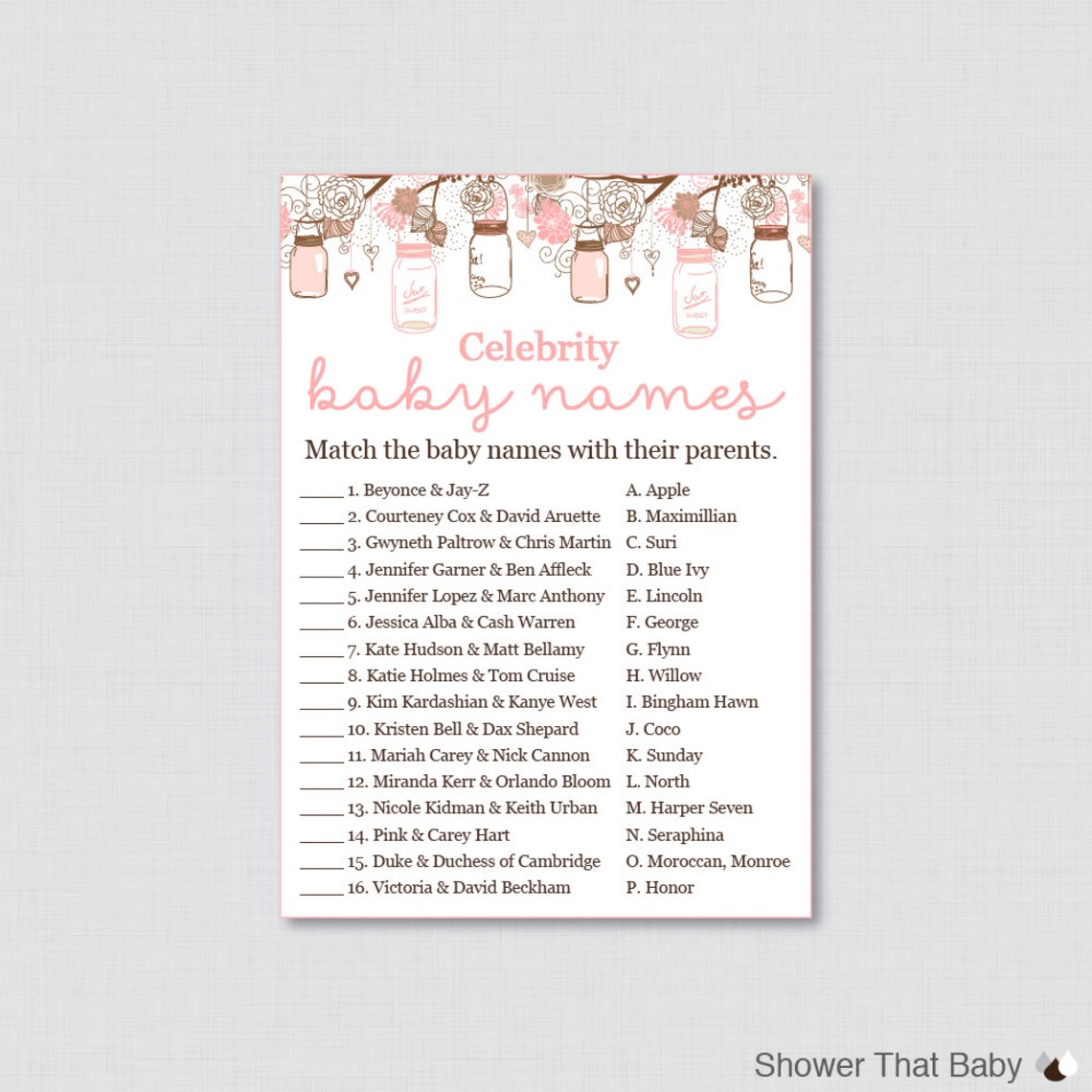 Celebrity Baby Shower Game Printable Mason Jar Celebrity - Etsy