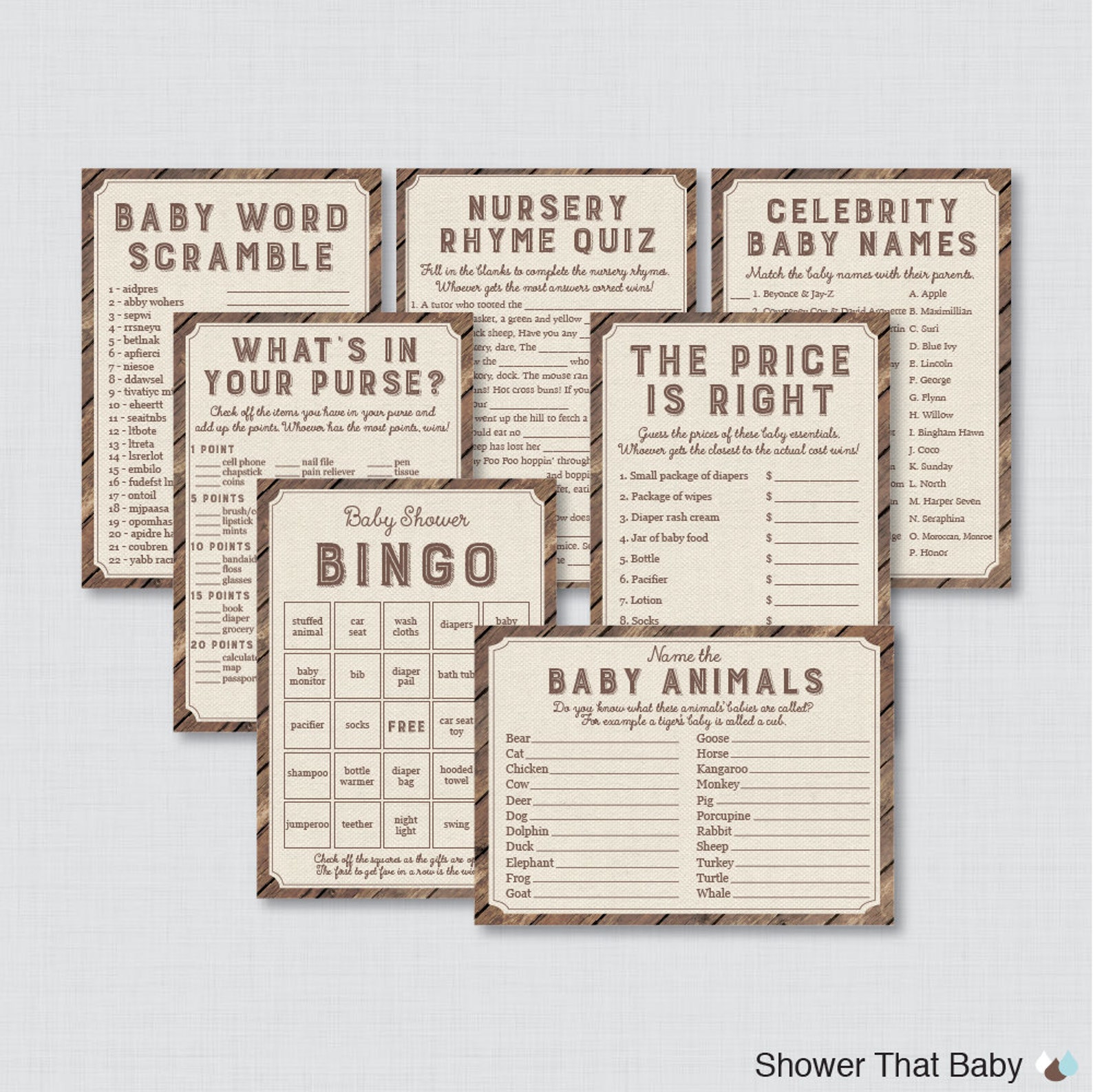 Rustic Baby Shower Games Package Seven Printable Games: - Etsy