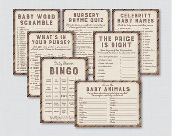 Rustic Baby Shower Games Package - Seven Printable Games: Bingo, Price is Right, Purse Game, Nursery Rhyme - Rustic Wood Burlap Baby 0034