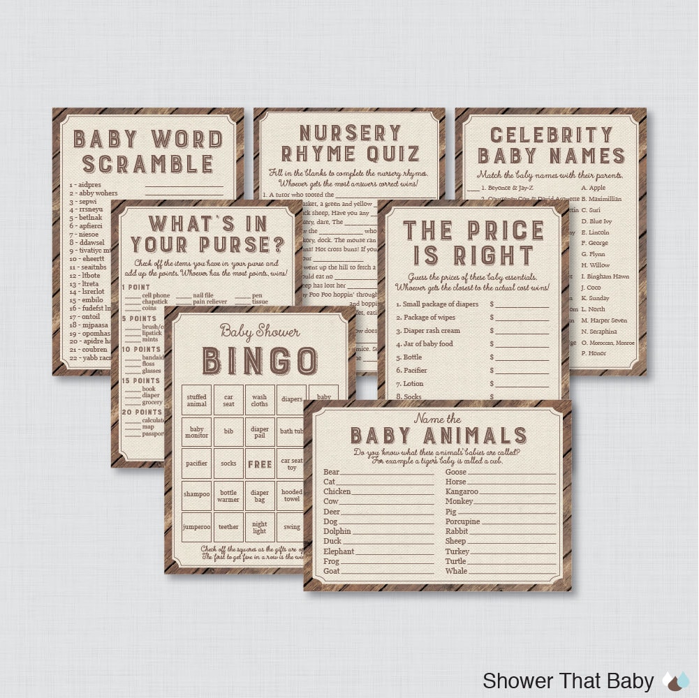 Rustic Baby Shower Games Package Seven Printable Games: | Etsy