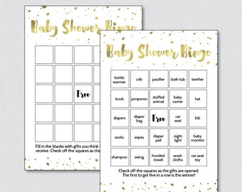 White and Gold Baby Shower Bingo Cards - Printable Blank Bingo Cards AND PreFilled Bingo Cards - White Faux Gold Foil Baby Bingo - 0022-W