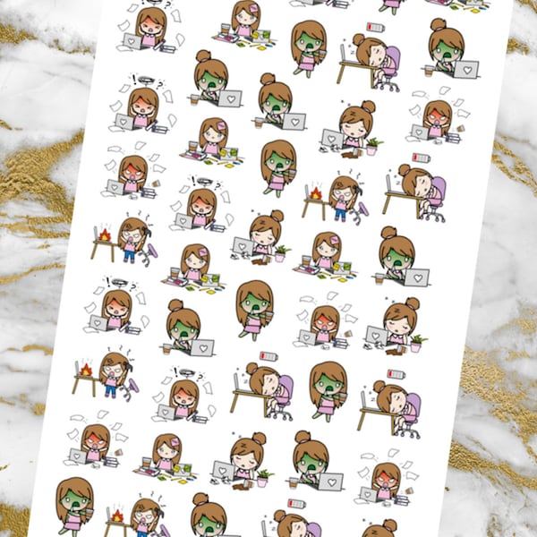 Cute Girl Zoya - Work Overload - Planner Sticker, Aufkleber, Character Planner Stickers, Arbeit Stickers, Working Chibi Girl